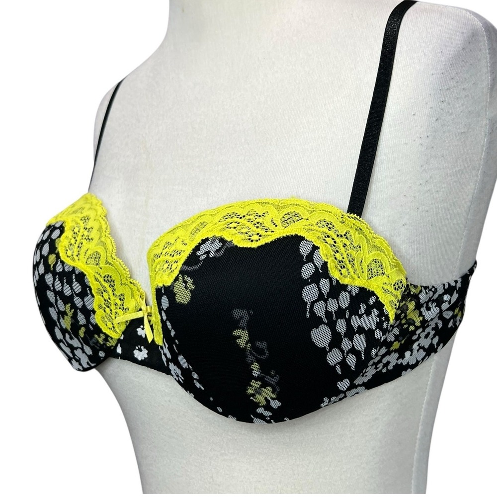 Express Intimates Flirty‎ Balconette Bra Black Yellow Lace Adjustable 36B NEW